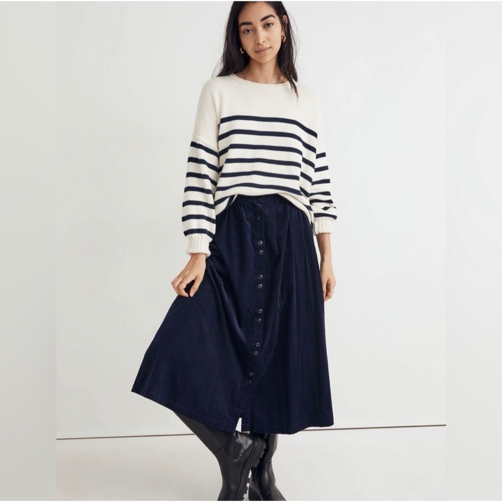 Madewell Navy Blue Corduroy Button Front Midi Skirt Elastic Waist Pockets M